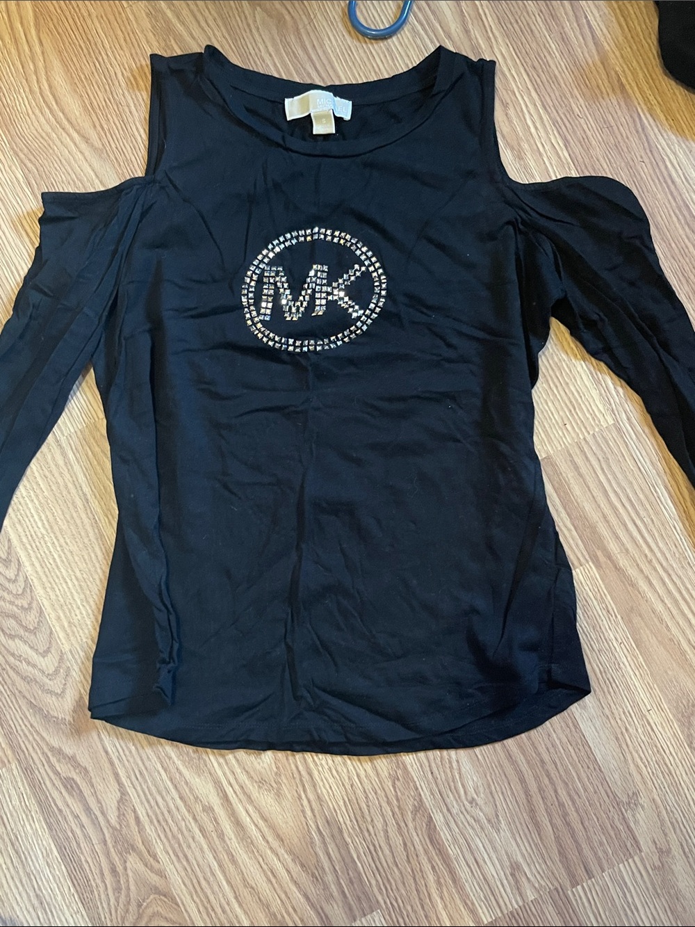 Michael Kors Black Cold-Shoulder Logo Tee with Rhinestone MK